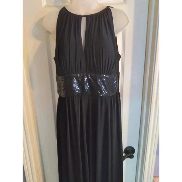 R & M Richards Formal Dress Black Sequined Waist Sleeveless Peephole Slit Sz 12 - Picture 1 of 11